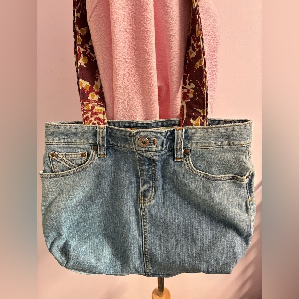 Denim Upcycled/Handmade Shoulder/Tote Bag, 16”x 13”, Lined , Blue/Maroon